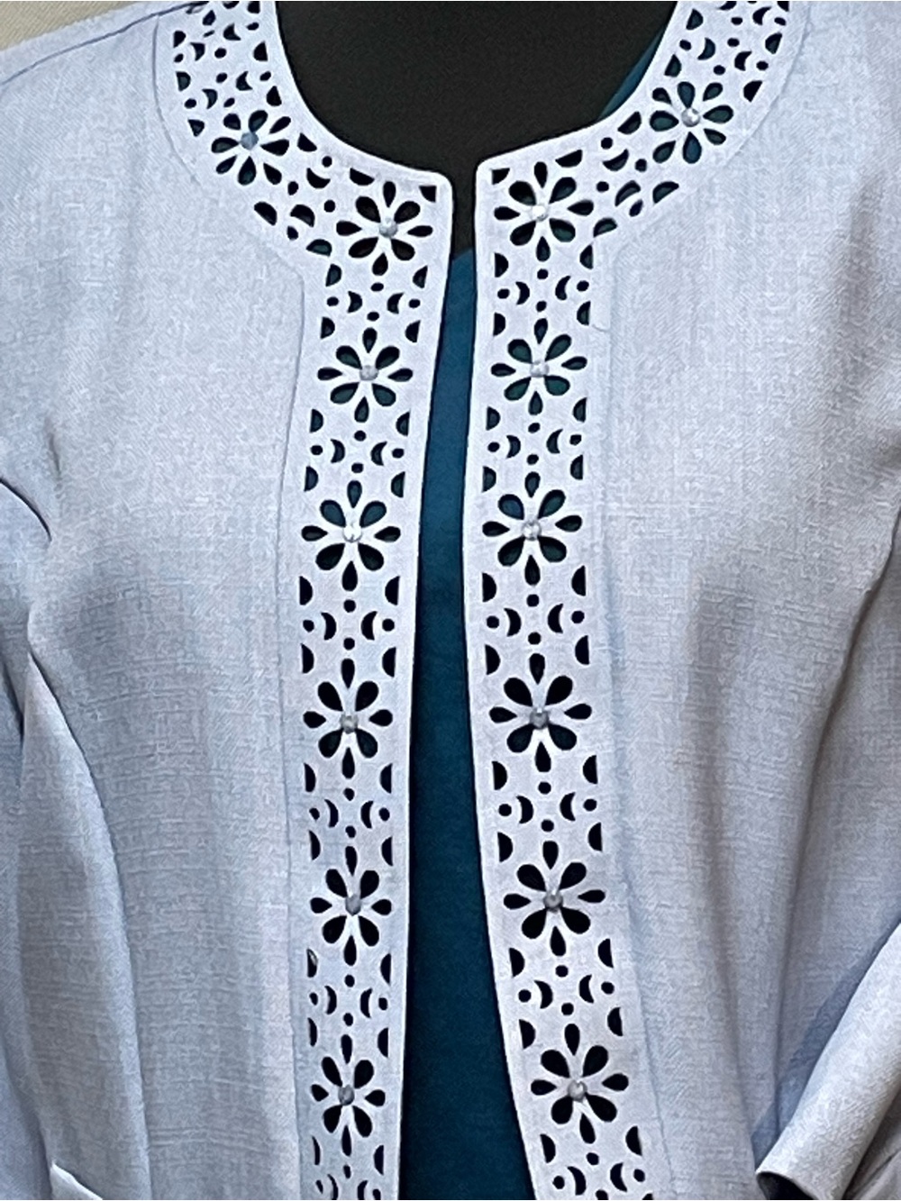 Alfred Dunner Light Blue Cutout Floral Trim Jacket